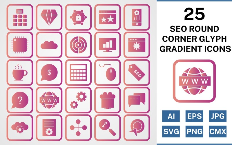 25 Seo Round Corner Glyph Gradient Ikonuppsättning