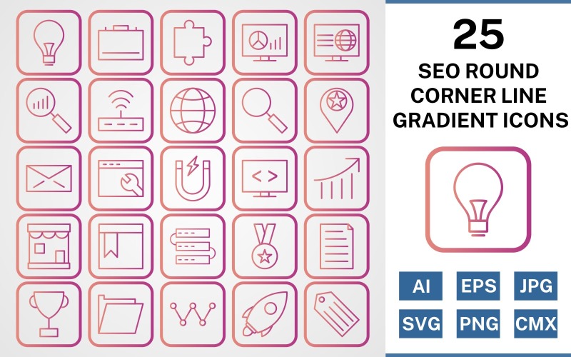 Download Набор иконок "25 Seo Round Corner Line Gradient Icon Set" / 25 Seo Round Corner Line Gradient Icon Set - Набор иконок на тему business set,file,icon,icons,round,corner,vector,sign,symbol,pictogram,line gradient,seo,bulb,search,web,launch,award,servers,webpage,folder