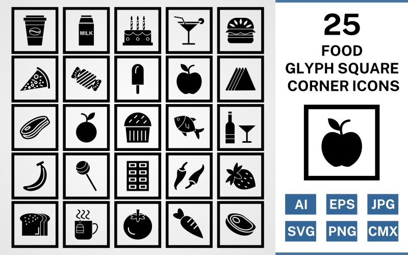25 set di icone pacchetto angolo quadrato glifo cibo