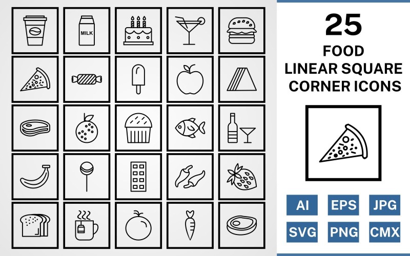 25食物线性方形角包图标集