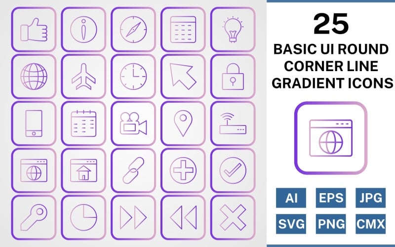 25 základních ui ikon přechodu zaoblené rohové linie