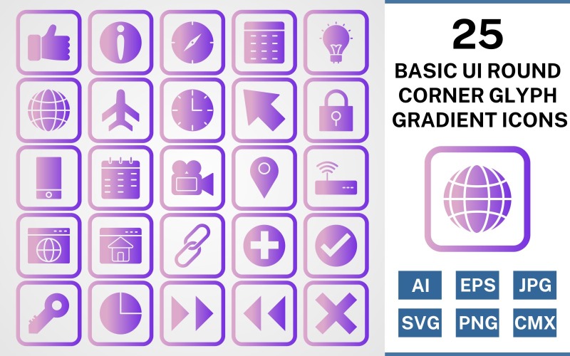 25 základních ui ikon s přechodem glyfů s rohovým rohem