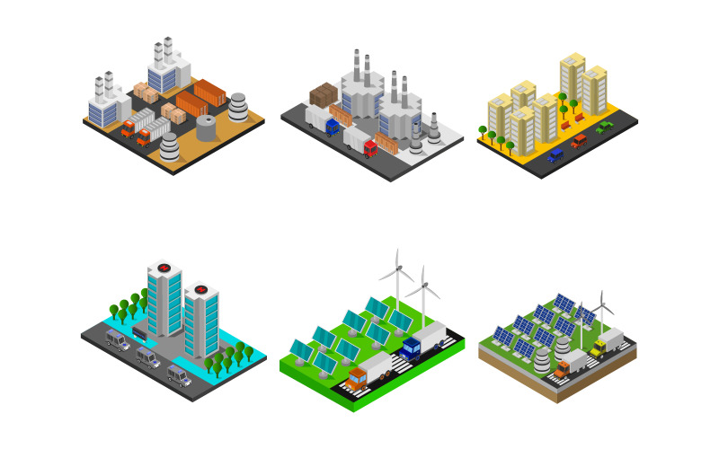 Conjunto de edificios isométricos - imagen vectorial