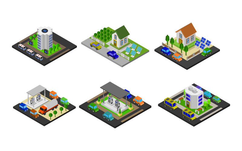 Izometrikus épületek beállítása - vektor kép