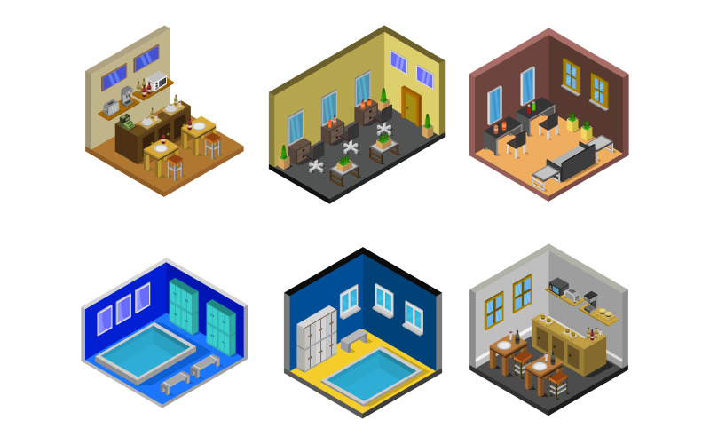 Download Vector "Set Of Isometric Rooms - Vector Image" / Set Of Isometric Rooms - Vector Image - Vector на тему графика apartment,home,room,chair,set,living,design,decor,modern,interior,house,icon,indoor,isometric,decoration,furniture,domestic,object,illustration,collection