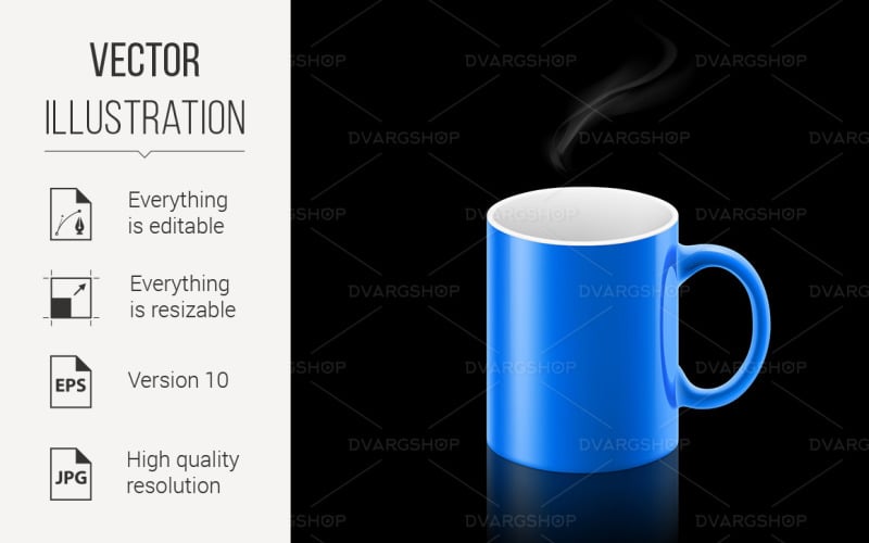 Download Vector "Blue Mug on Black Background - Vector Image" / Blue Mug on Black Background - Vector Image - Vector на тему графика mug,background,black,office,blue,cup,smoke,one,shiny,design,drink,dishware,object,new,graphic,classic,illustration,coffee break,crockery,nobody