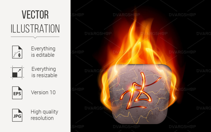 Download Vector "Burning Stone with Magic Rune - Vector Image" / Burning Stone with Magic Rune - Vector Image - Vector на тему графика rune,burning,magic,stone,runes,with,cracked,mysterious,orange,flame,art,engraving,hot,luminous,letter,illustration,quadrangular,old,runic,halloween