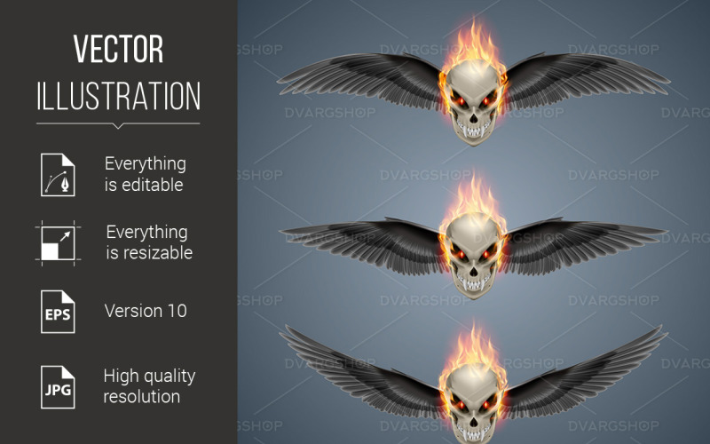 Download Vector "Flaming Mutant Skulls - Vector Image" / Flaming Mutant Skulls - Vector Image - Vector на тему графика mutant,black,with,skulls,wings,flame,skull,emblem,beast,metal,eternal,paranormal,gothic,mystified,human,symbol,death,burning,vampire,sinister