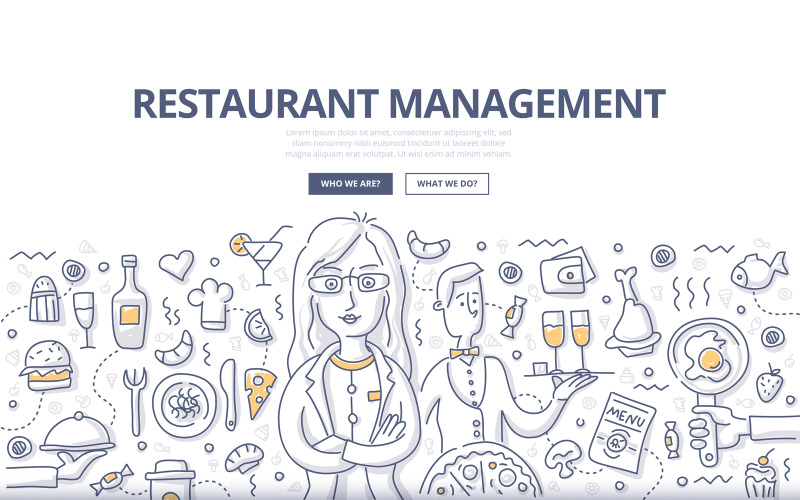 Download Vector "Restaurant Management Doodle Concept - Vector Image" / Restaurant Management Doodle Concept - Vector Image - Vector на тему графика food,cooking,vector,woman,restaurant,professional,business,cafe,industry,manager,menu,staff,pizza,illustration,service,kitchen,work,catering,occupation,cheerful,success,doodle,job,hamburger,e