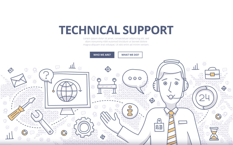 Download Vector "Technical Support Doodle Concept - Vector Image" / Technical Support Doodle Concept - Vector Image - Vector на тему графика vector,abstract,professional,business,support,tech,illustration,service,computer,online,help,chat,call,connection,banners,technical,communication,consultant,concept,head,repair,solution,assis