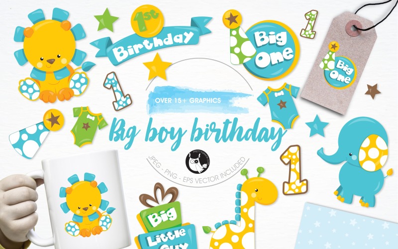 Download Vector "Baby boy birthday illustration pack - Vector Image" / Baby boy birthday illustration pack - Vector Image - Vector на тему графика illustration,party,vector,graphics,clipart,clip art,icons,birthday,present,eps,giraffe,elephant,lion,prettygrafik,1 year old,one year