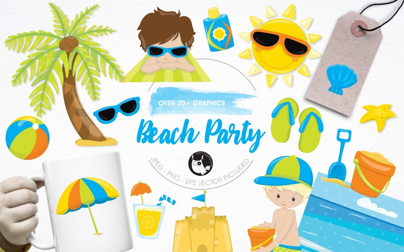 Download Vector "Beach party illustration pack - Vector Image" / Beach party illustration pack - Vector Image - Vector на тему графика illustration,party,vector,graphics,clipart,beach,sun,clip art,sea,icons,ocean,eps,starfish,prettygrafik,beach ball,sunscreen,lemonade,parasol,flip-flops,clam,sand castle