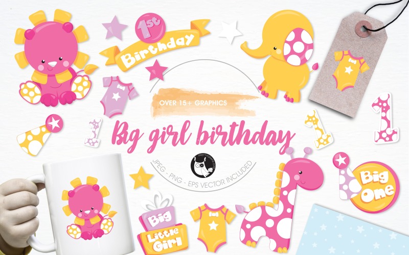 Download Vector "Big girl birthday illustration pack - Vector Image" / Big girl birthday illustration pack - Vector Image - Vector на тему графика illustration,party,vector,graphics,clipart,clip art,baby,icons,birthday,present,eps,giraffe,elephant,lion,prettygrafik,baby shower,1 year old,one year
