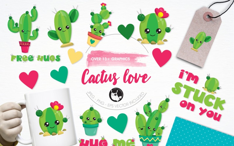 Download Vector "Cactus love illustration pack - Vector Image" / Cactus love illustration pack - Vector Image - Vector на тему графика illustration,vector,love,graphics,clipart,cactus,hearts,clip art,plants,icons,valentines day,eps,hugs,prettygrafik