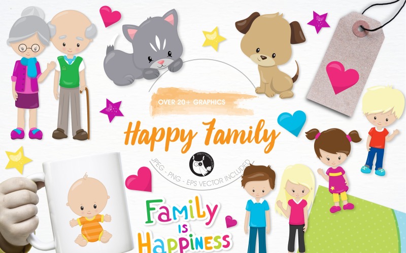 Download Vector "Happy family illustration pack - Vector Image" / Happy family illustration pack - Vector Image - Vector на тему графика illustration,children,vector,graphics,clipart,stars,hearts,clip art,icons,family,dog,cat,mother,eps,grandfather,father,prettygrafik,grandmother,brother,sister