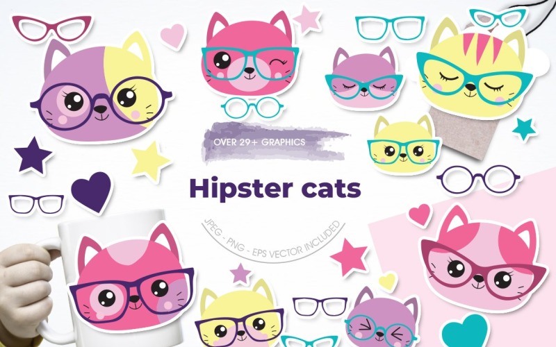 Download Vector "Hipster Cats - Vector Image" / Hipster Cats - Vector Image - Vector на тему графика scrapbook,scrapbooking,heart,clipart,clip art,prettygrafik,cats,vector art,cat head,kawaii cats,hipster cats