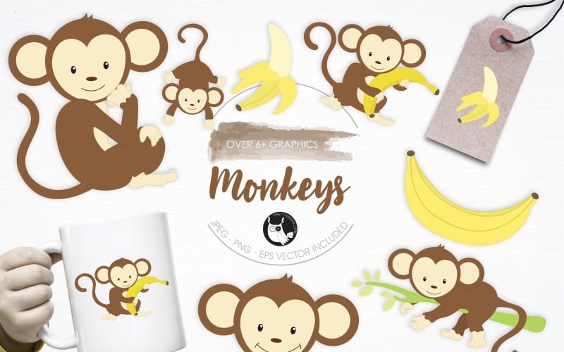 Download Vector "Monkeys illustration pack - Vector Image" / Monkeys illustration pack - Vector Image - Vector на тему графика illustration,cute,vector,graphics,clipart,clip art,icon,animal,mammal,banana,eps,prettygrafik,climb,swing,monkeys