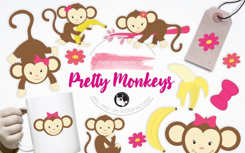 Download Vector "Pretty Monkeys illustration pack - Vector Image" / Pretty Monkeys illustration pack - Vector Image - Vector на тему графика illustration,cute,pretty,vector,graphics,clipart,clip art,flower,icon,ribbon,animal,banana,eps,prettygrafik,pretty monkeys