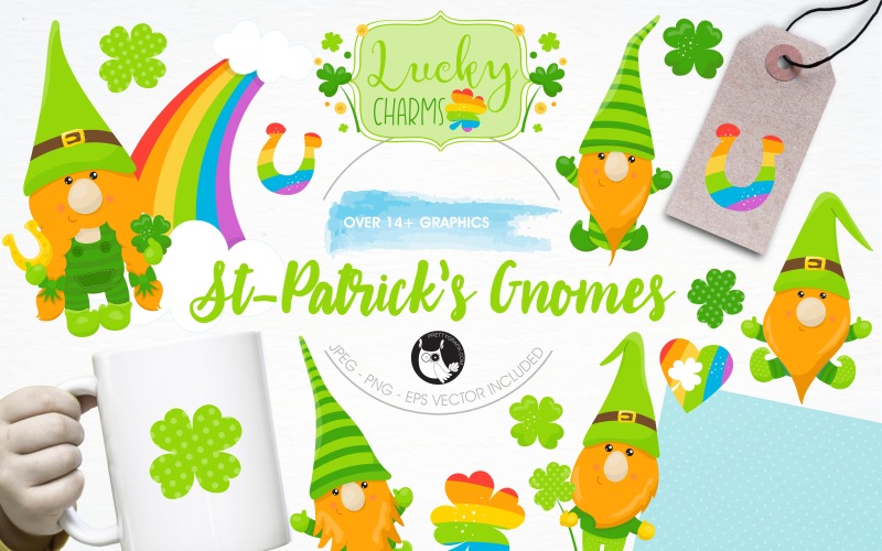 Download Vector "St-Patrick's gnome illustration pack - Vector Image" / St-Patrick's gnome illustration pack - Vector Image - Vector на тему графика illustration,vector,graphics,clipart,rainbow,clip art,icons,clover,shamrock,eps,prettygrafik,gnome,horseshoe,st-patricks day