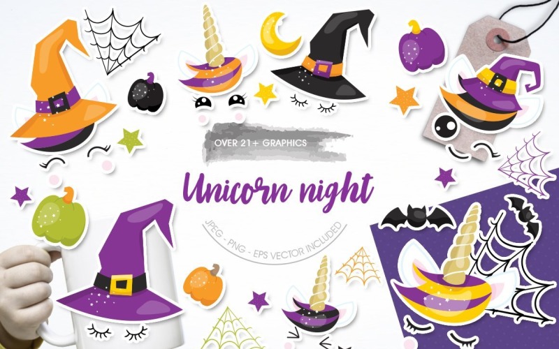 Download Vector "Unicorn Night - Vector Image" / Unicorn Night - Vector Image - Vector на тему графика scrapbook,scrapbooking,clipart,moon,clip art,halloween,pumpkin,witch hat,prettygrafik,bats,unicorn horn,vector art,cob web