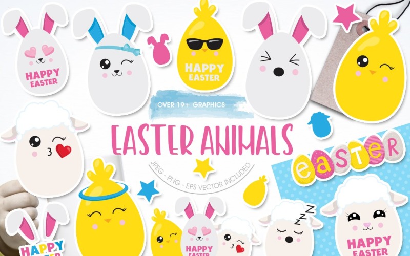 Download Vector "Easter Animals - Vector Image" / Easter Animals - Vector Image - Vector на тему графика animals,easter,happy easter,eggs,kawaii animals,bunny ears