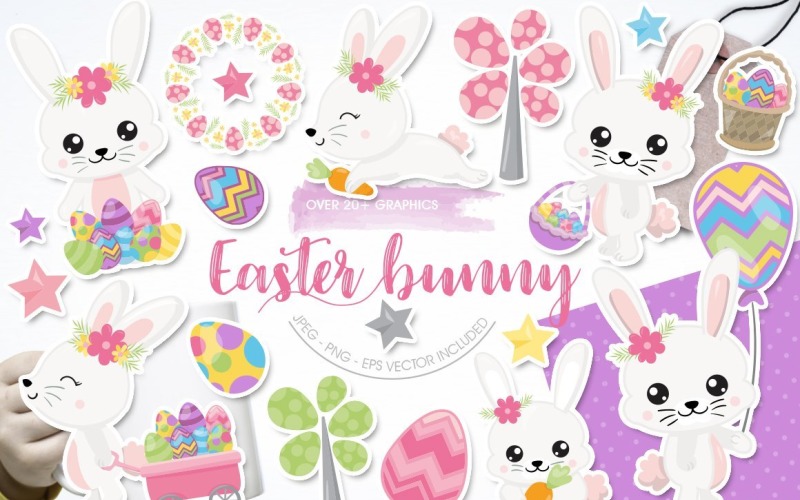 Download Vector "Easter Bunny - Vector Image" / Easter Bunny - Vector Image - Vector на тему графика illustration,flowers,stars,graphic,bunny,easter eggs,easter bunny,kawaii bunny,carrots