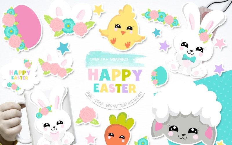 Download Vector "Happy Easter - Vector Image" / Happy Easter - Vector Image - Vector на тему графика scrapbook,scrapbooking,flowers,clipart,clip art,rabbit,bunny,easter,lamb,chicken,carrot,prettygrafik,easter bunny,carrots,vector art