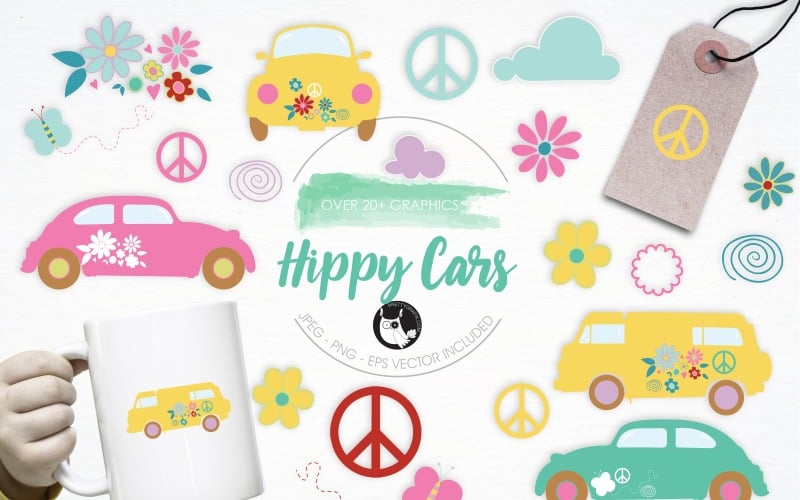 Download Vector "Hippy Cars illustration pack - Vector Image" / Hippy Cars illustration pack - Vector Image - Vector на тему графика illustration,flowers,vector,graphics,clipart,clip art,hippy,clouds,icon,cars,eps,prettygrafik,hippy cars,peace,pastel