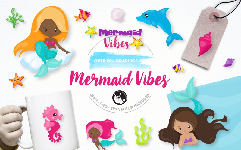 Download Vector "Mermaid vibes illustration pack - Vector Image" / Mermaid vibes illustration pack - Vector Image - Vector на тему графика illustration,vector,eps,starfish,mermaid,jellyfish,prettygrafik,sea horse,mermaid vibes,nautical animals,dolphins,coral,cute mermaid,hair mermaid