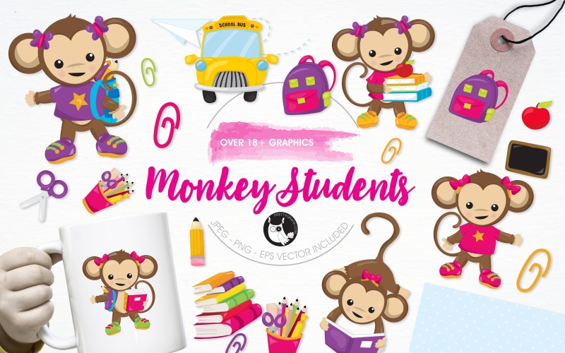 Download Vector "Monkey students illustration pack - Vector Image" / Monkey students illustration pack - Vector Image - Vector на тему графика illustration,vector,pencil,graphics,clipart,clip art,school,students,apple,icons,books,backpack,bus,eps,reading,scissors,monkey,prettygrafik,paperclips