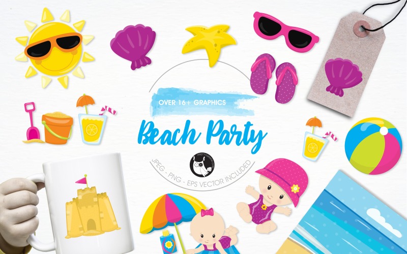 Набор иллюстраций младенцев на пляжной вечеринке - изображение в векторном формате