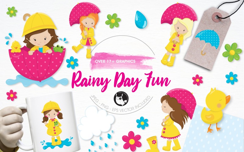 Download Vector "Rainy day fun illustration pack - Vector Image" / Rainy day fun illustration pack - Vector Image - Vector на тему графика illustration,flowers,vector,chick,graphics,clipart,clip art,icons,weather,rain,eps,umbrella,duck,prettygrafik,rain boots,april showers,rain cloud,rain drops
