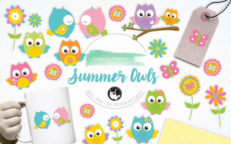 Download Vector "Summer Owls illustration pack - Vector Image" / Summer Owls illustration pack - Vector Image - Vector на тему графика illustration,flowers,summer,vector,graphics,clipart,clip art,colorful,icon,branch,birds,eps,prettygrafik,owls,summer owls