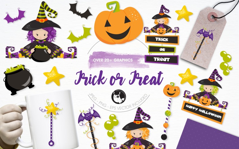 Download Vector "Trick or treat illustration pack - Vector Image" / Trick or treat illustration pack - Vector Image - Vector на тему графика illustration,vector,graphics,clipart,clip art,icons,halloween,witch,pumpkin,eps,cauldron,trick or treat,prettygrafik,bats