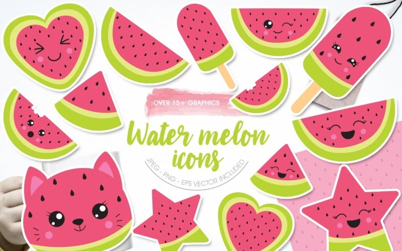 Download Vector "Watermelon Icons - Vector Image" / Watermelon Icons - Vector Image - Vector на тему графика cute,heart,shapes,star,icons,kawaii,watermelon,kitty