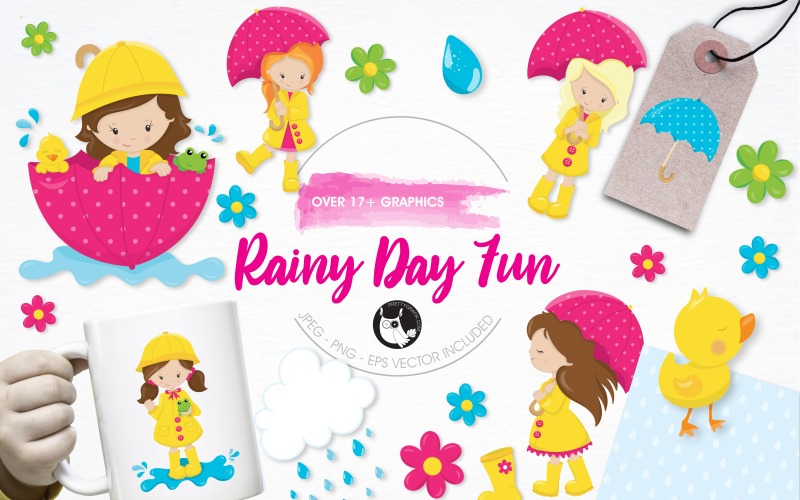 Yağmurlu bir gün eğlenceli illüstrasyon paketi - Vektör Resmi