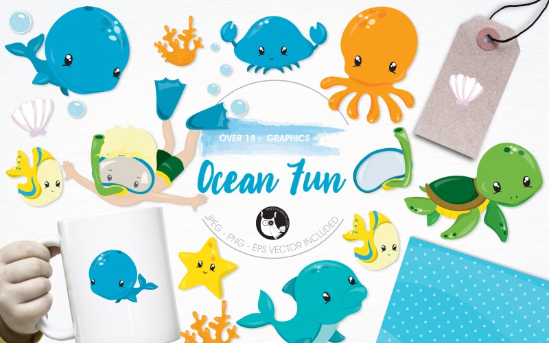 Download Vector "Ocean fun illustration pack - Vector Image" / Ocean fun illustration pack - Vector Image - Vector на тему графика illustration,vector,graphics,clipart,clip art,sea,icons,ocean,whale,fish,eps,starfish,snorkeling,crab,turtle,octopus,prettygrafik,dolphin,coral,clam