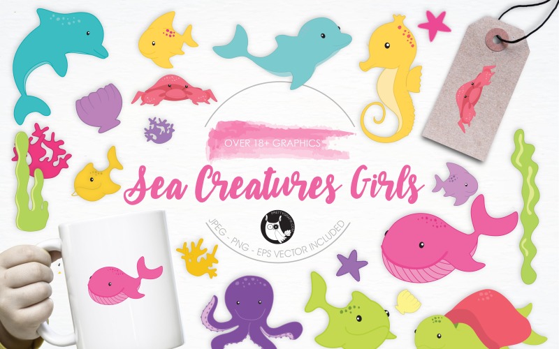 Download Vector "Sea Creature Girls illustration pack - Vector Image" / Sea Creature Girls illustration pack - Vector Image - Vector на тему графика illustration,vector,graphics,clipart,clip art,pink,animals,sea,icon,fish,eps,corals,prettygrafik,shells,creatures,sea creatures girls