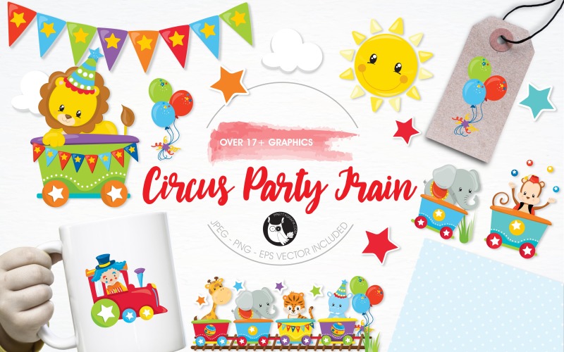 Download Vector "Circus party train illustration pack - Vector Image" / Circus party train illustration pack - Vector Image - Vector на тему графика illustration,vector,graphics,clipart,sun,stars,clip art,train,icons,tiger,eps,giraffe,elephant,lion,balloons,monkey,prettygrafik,circus,clown,hippopotamus,train cars