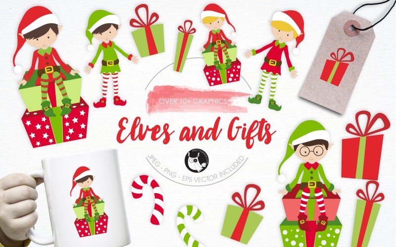 Elves and Gifts illustration pack - Vector Image