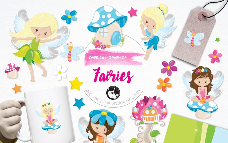 Download Vector "Fairies illustration pack - Vector Image" / Fairies illustration pack - Vector Image - Vector на тему графика illustration,flowers,vector,graphics,clipart,stars,clip art,house,icons,fairy,eps,mushroom,prettygrafik,fairies