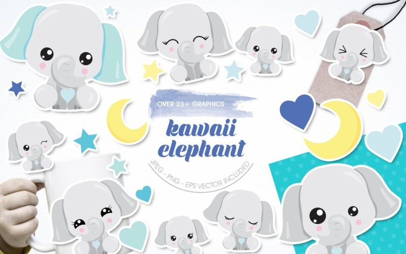 Download Vector "Kawaii Elephant - Vector Image" / Kawaii Elephant - Vector Image - Vector на тему графика scrapbook,scrapbooking,clipart,stars,hearts,clip art,elephant,prettygrafik,vector art,kawaii elephant,baby elephant,crescent moon