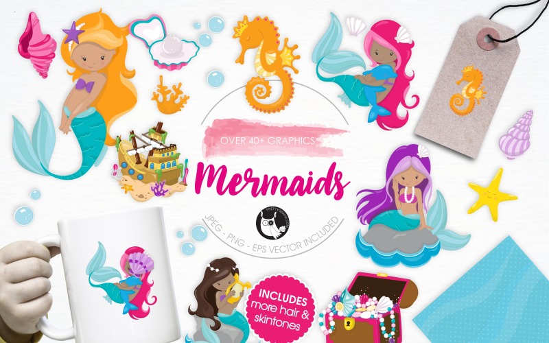 Download Vector "Mermaids illustration pack - Vector Image" / Mermaids illustration pack - Vector Image - Vector на тему графика illustration,vector,graphics,clipart,clip art,sea,icon,fish,ship,eps,prettygrafik,seahorse,mermaids,shells,treasure