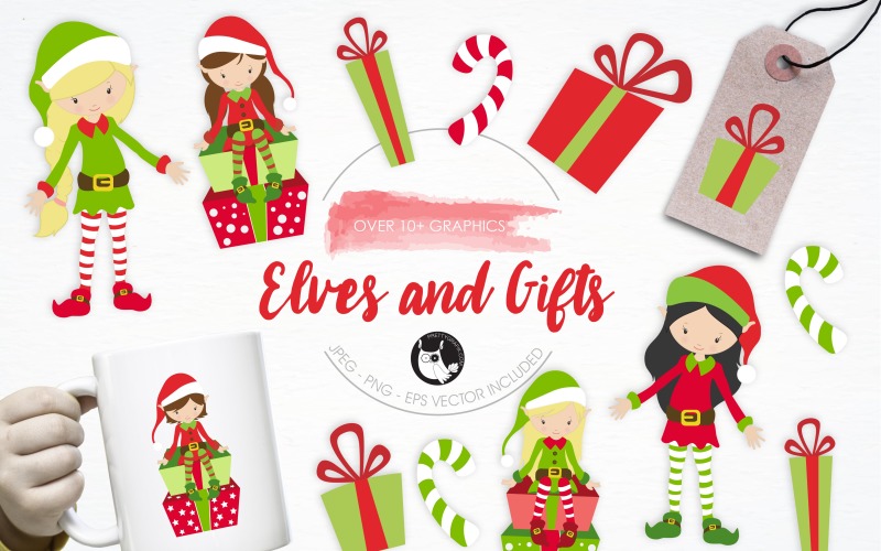Elves and Gifts illustration pack - Vector Image