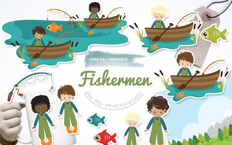 Download Vector "Fishermen - Vector Image" / Fishermen - Vector Image - Vector на тему графика scrapbook,scrapbooking,clipart,clip art,fish,boat,fishing,prettygrafik,boys,vector art,fishermen