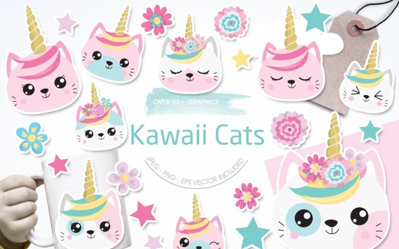 Download Vector "Kawaii Cats - Vector Image" / Kawaii Cats - Vector Image - Vector на тему графика scrapbook,scrapbooking,clipart,stars,clip art,flower,prettygrafik,cats,unicorn horn,vector art,cat head,kawaii cats