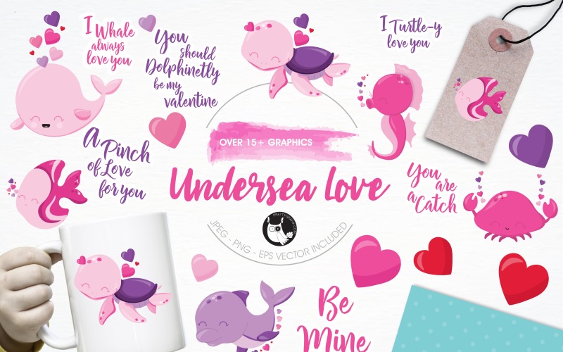 Download Vector "Undersea love illustration pack - Vector Image" / Undersea love illustration pack - Vector Image - Vector на тему графика illustration,heart,vector,graphics,clipart,clip art,animals,sea,icons,whale,fish,valentines day,eps,crab,turtle,prettygrafik,dolphin
