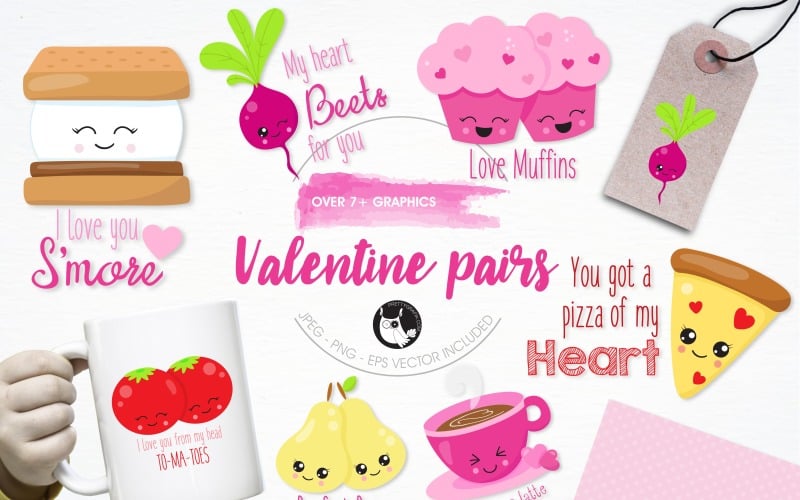 Download Vector "Valentine pairs illustration pack - Vector Image" / Valentine pairs illustration pack - Vector Image - Vector на тему графика illustration,coffee,vector,graphics,clipart,clip art,pizza,icons,valentines day,eps,muffin,beet,prettygrafik,puns,smores,tomatoes,pears