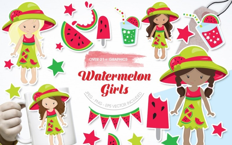 Download Vector "Watermelon Girls - Vector Image" / Watermelon Girls - Vector Image - Vector на тему графика scrapbook,scrapbooking,clipart,clip art,kawaii,watermelon,sweets,popsicle,prettygrafik,girls,vector art