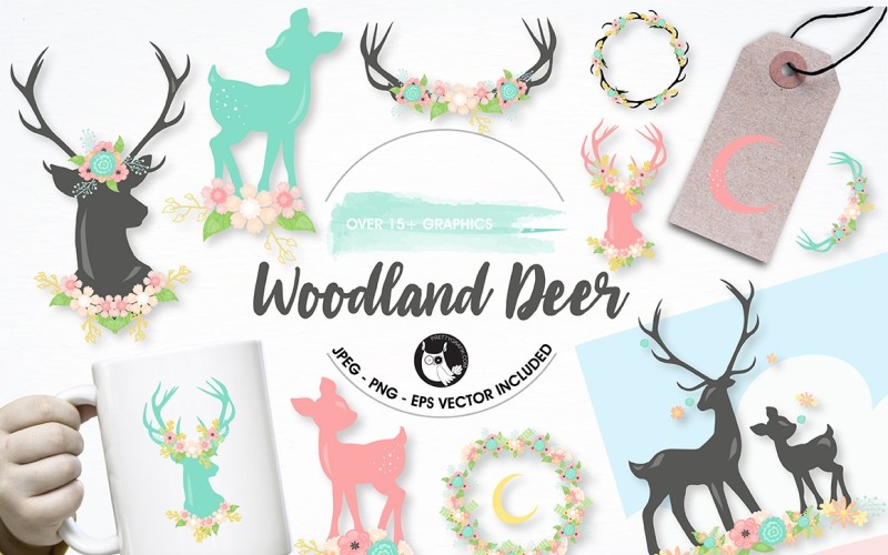 Download Vector "Woodland deer graphics illustrations - Vector Image" / Woodland deer graphics illustrations - Vector Image - Vector на тему графика illustration,scrapbooking,vector,floral,graphics,clipart,moon,clip art,flower,silhouette,icons,dream,deer,wreath,antler,enchanted,eps,images,prettygrafik,baby shower,baby girl,deer head